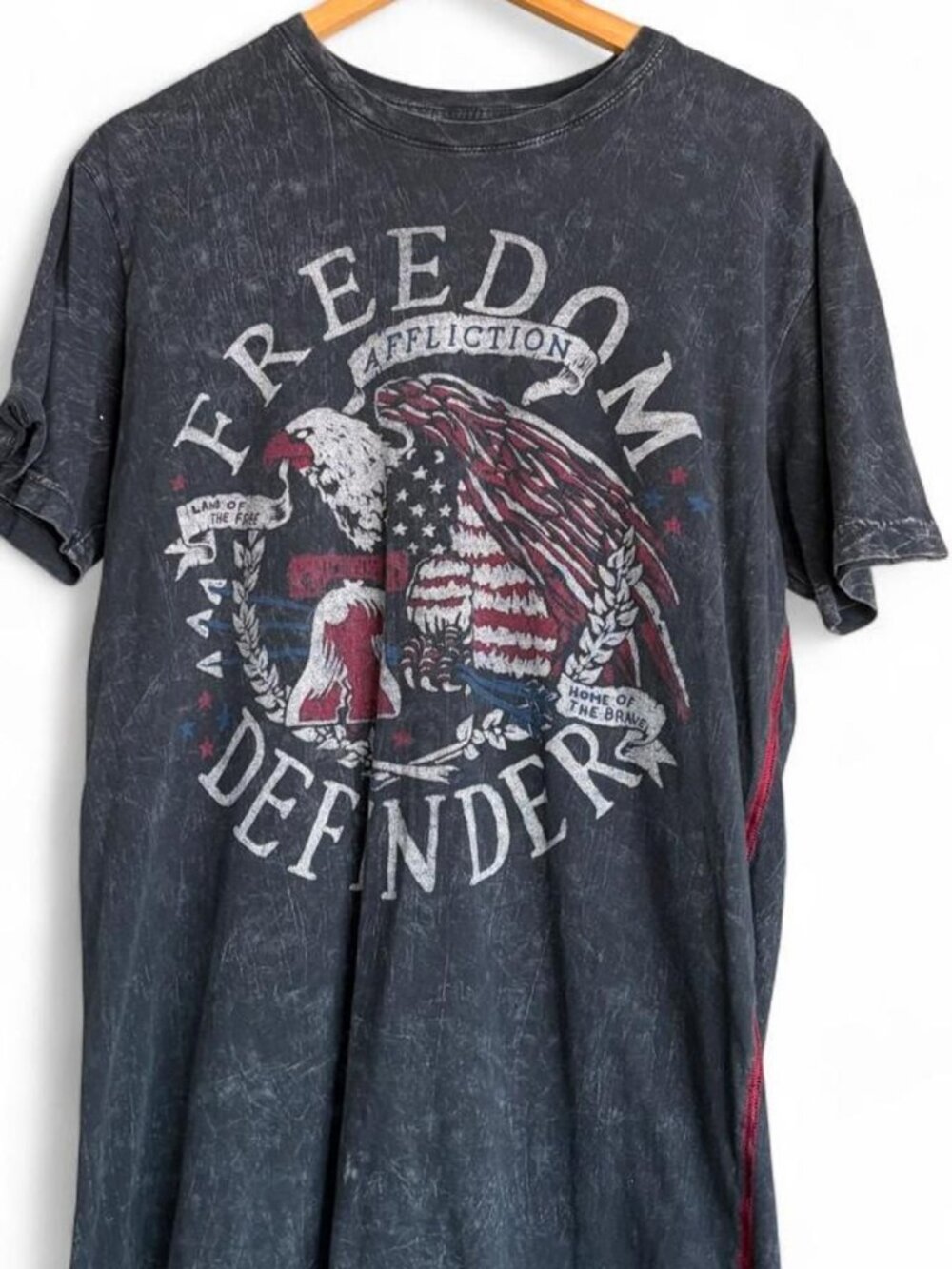 Affliction black & gray graphic tee with eagle, American flag and 'FREEDOM DEFEN